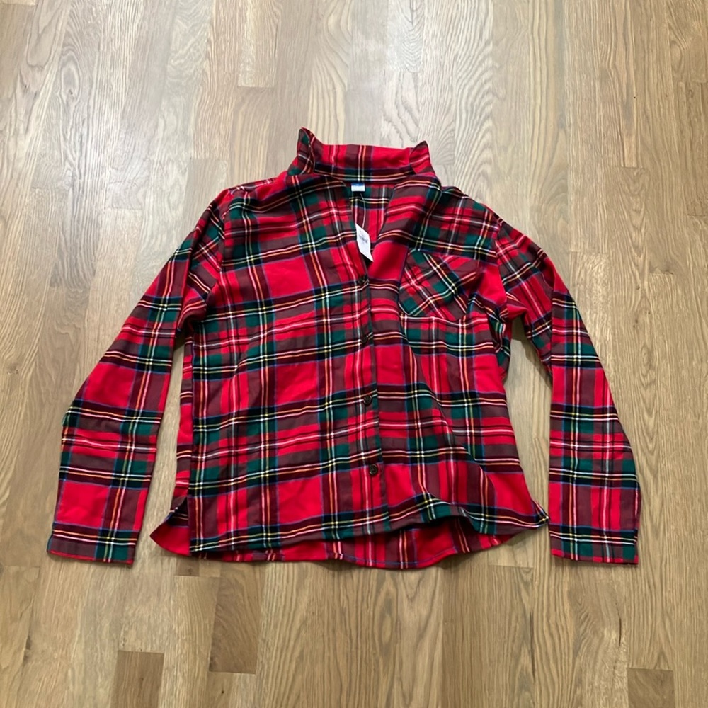 NWT Old Navy Women’s Red Green Plaid Flannel Tartan Long Sleeve Pajama Shirt Top